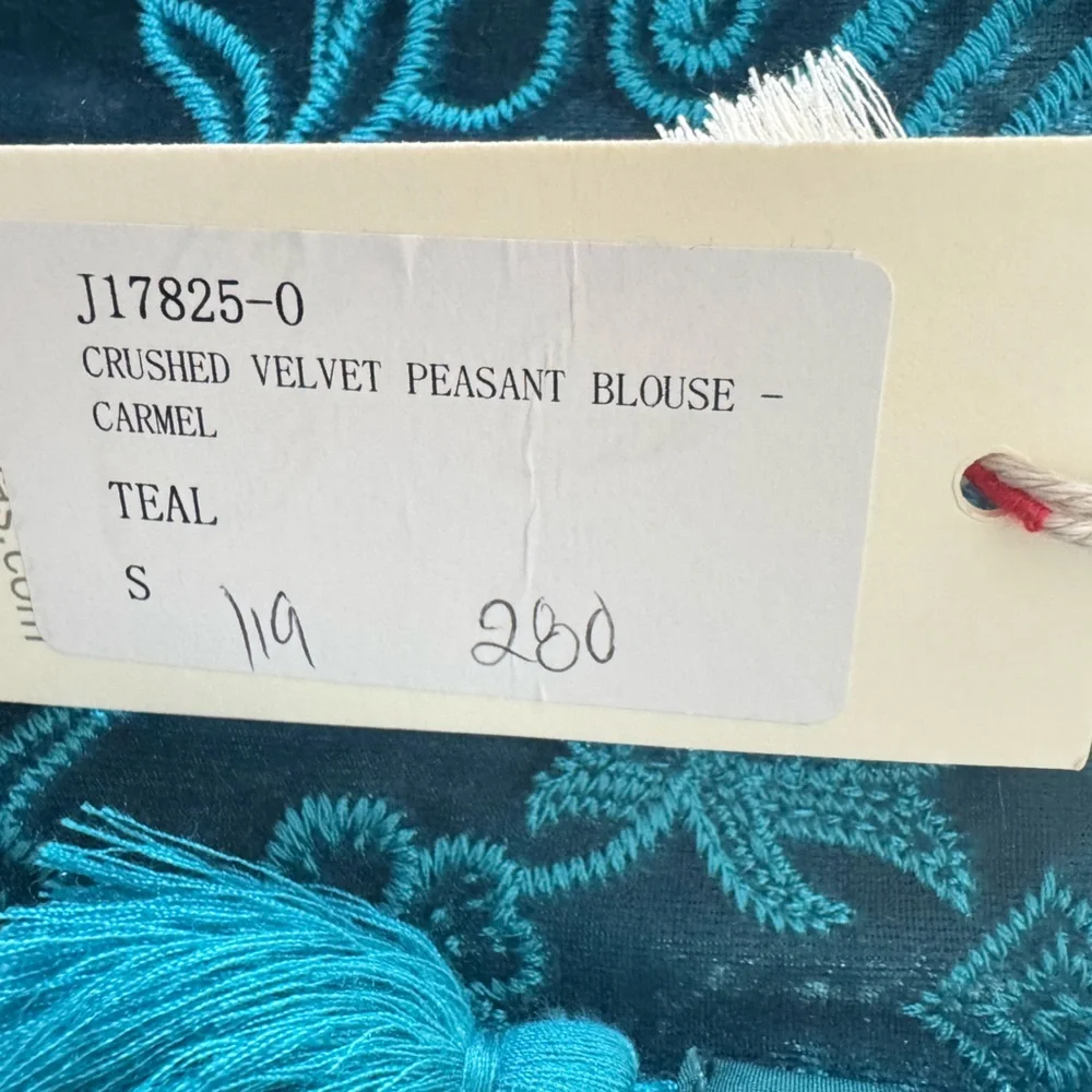 Johnny Was Crushed Velvet Peasant Blouse Teal Embroidered Boho Top Size S Tassel - Picture 8 of 9